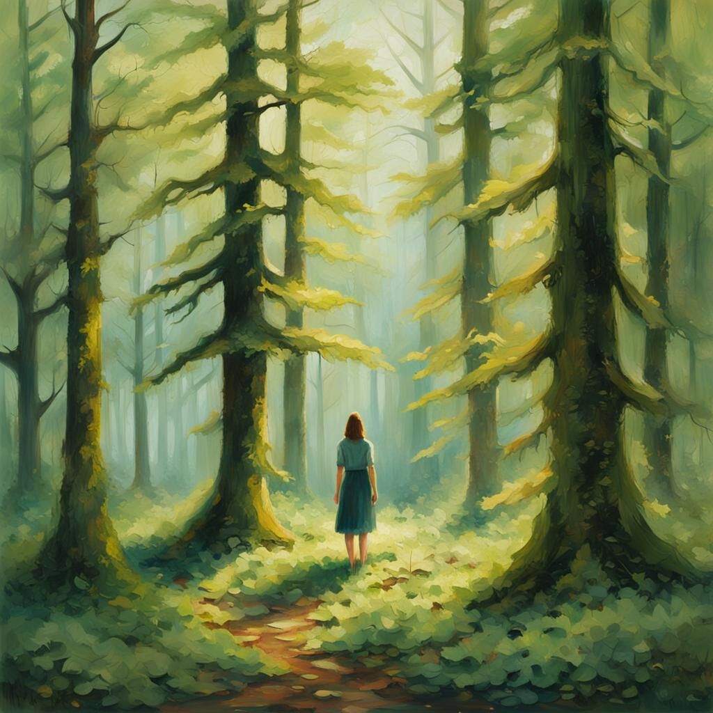 Woman in Forest: Impressionist Painting with Mossy Greens