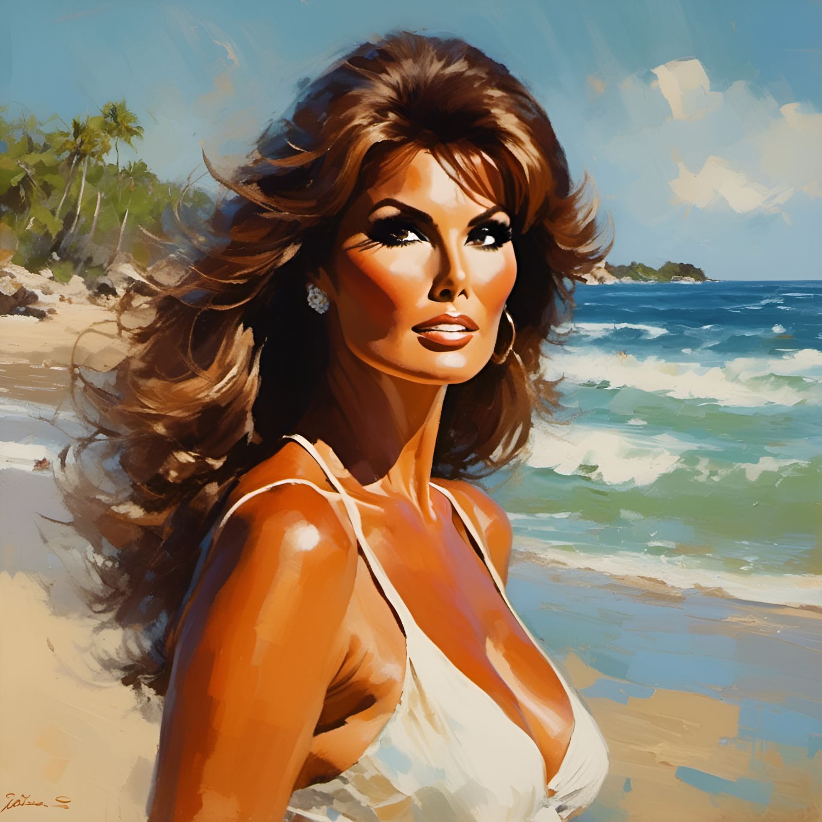 Impressionist Portrait: Beautiful Woman on Caribbean Beach