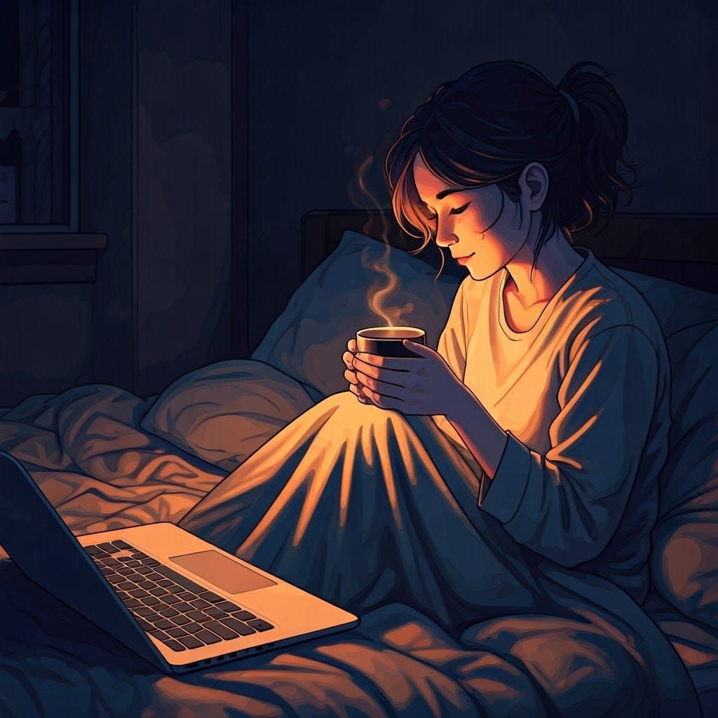 Woman Enjoying Coffee at Night, Digital Art