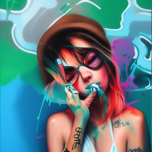 Cool Girl Smoking in Graffiti Splash Art Style