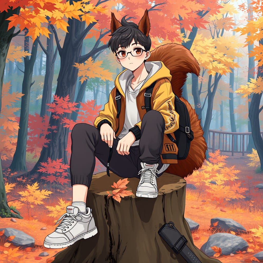 Squirrel Teen in Autumn Forest, Anime Style