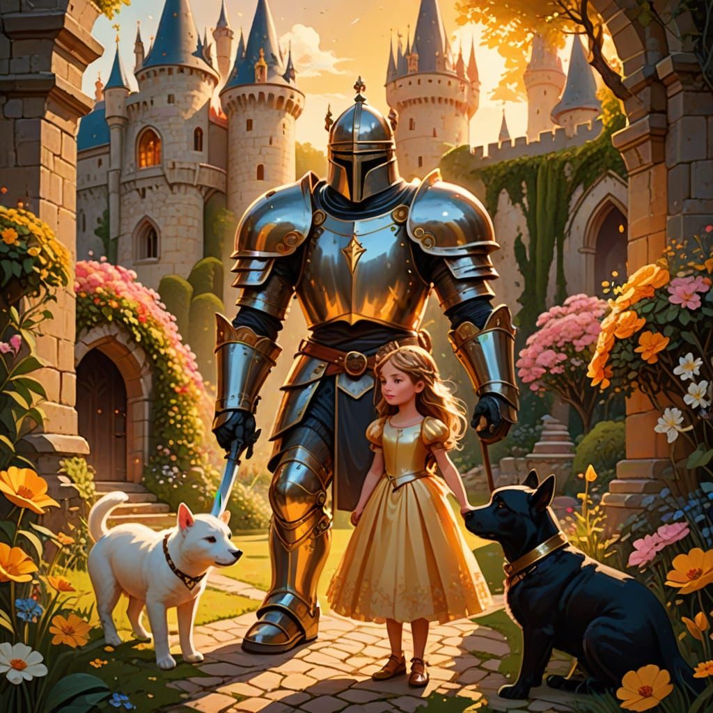 Adorable Princess and Gentle Giant Knight in Whimsical Castl...