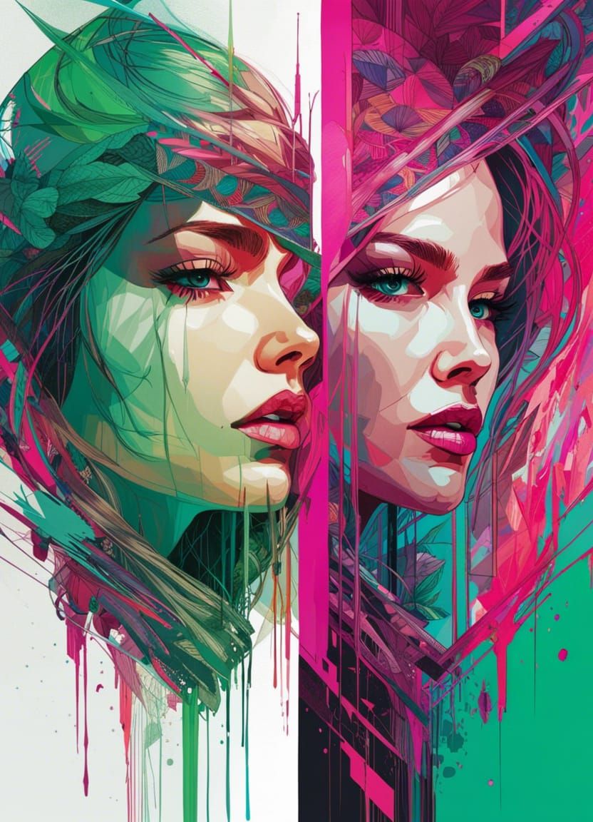 Split Screen: Woman and Mirror in Cubist Style