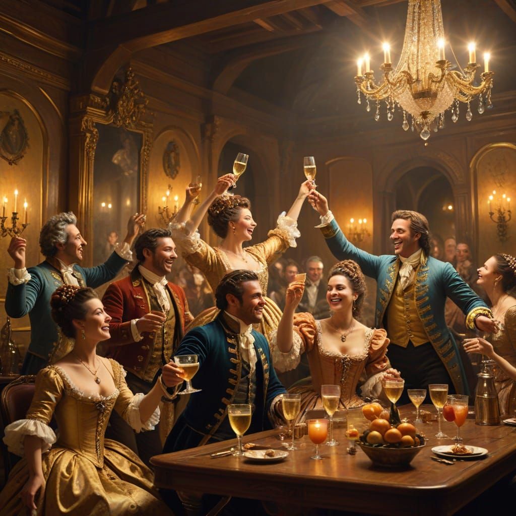 Elegant Tavern Scene in Rococo Oil Painting Style