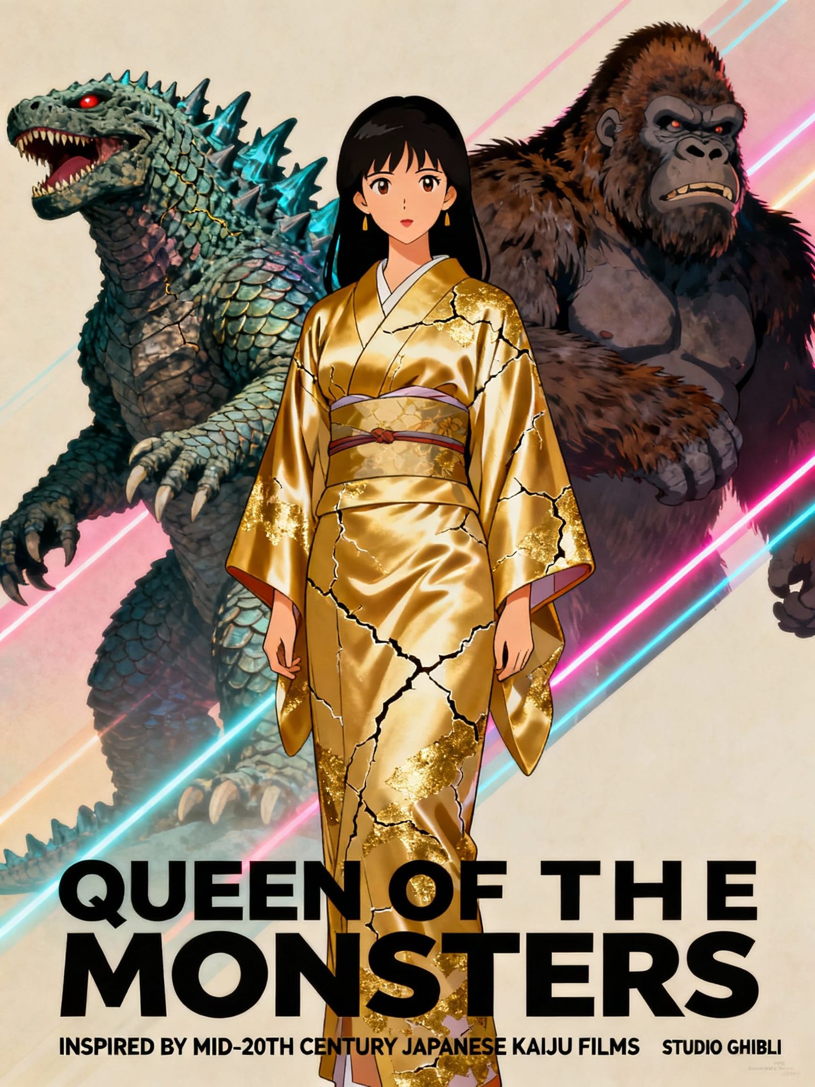 Kaiju Movie Poster: Woman Between Godzilla and King Kong