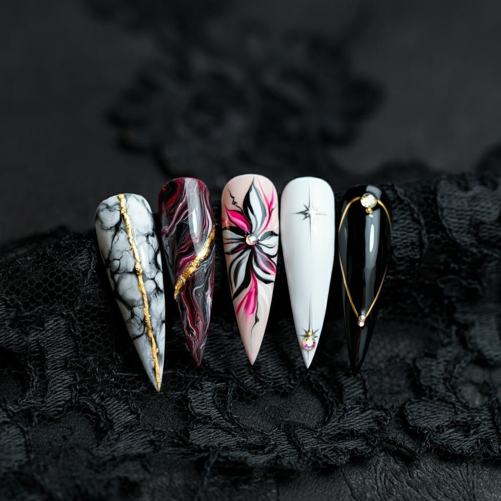 Detailed Stiletto Nail Art on Black Lace