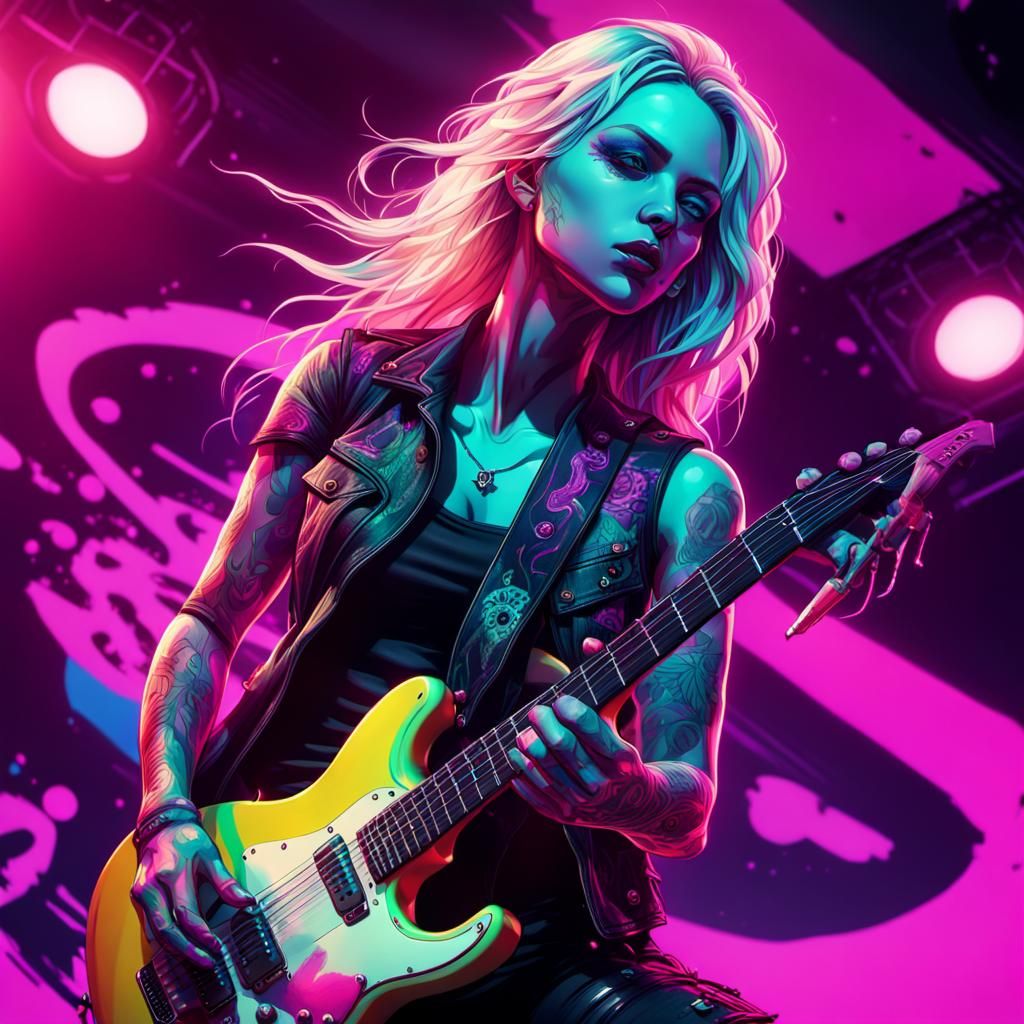 Inked Blonde Rocker Shreds Guitar in Fuchsia Blacklight