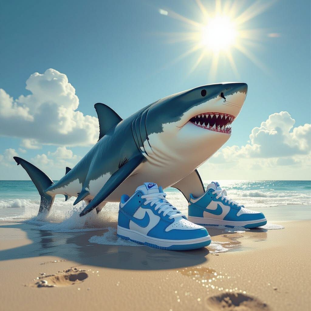 Great White Shark Washes Ashore Wearing Blue Nike Sneakers