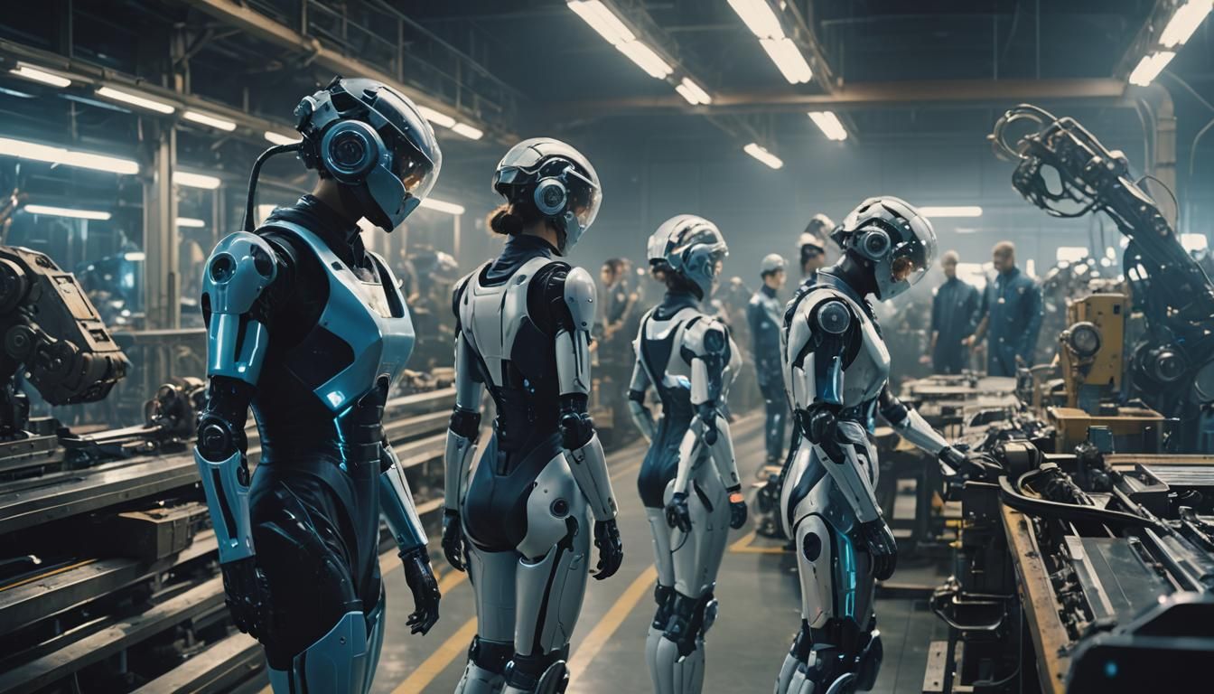 Dismantled Cyborgs on Production Line in Sci-Fi Plant