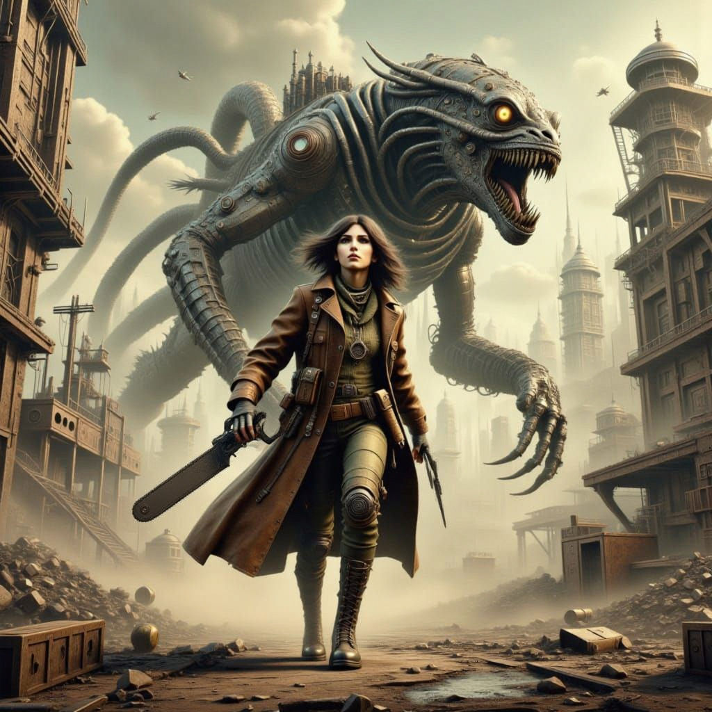 Dystopian Alien City: Monster Chasing Girl in Dieselpunk Sty...