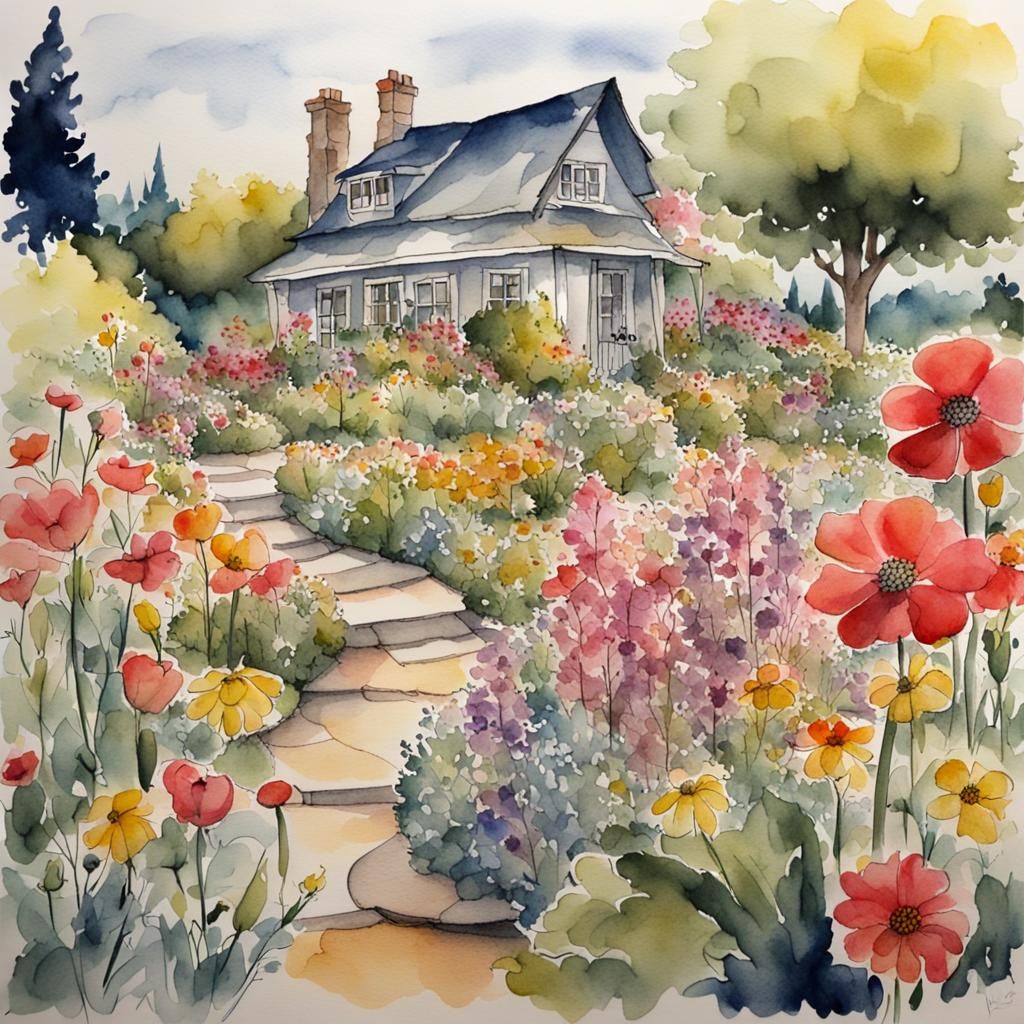 Watercolor Flower Garden with Cottage