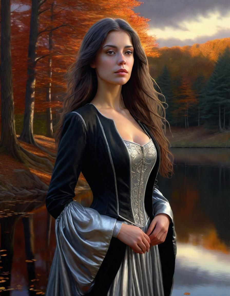 Renaissance Woman in Autumn Forest at Twilight
