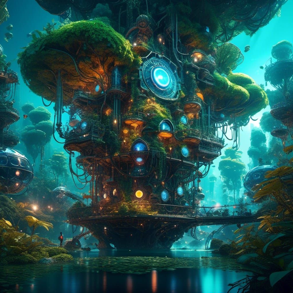 Floating Lost City in Bioluminescent Forest