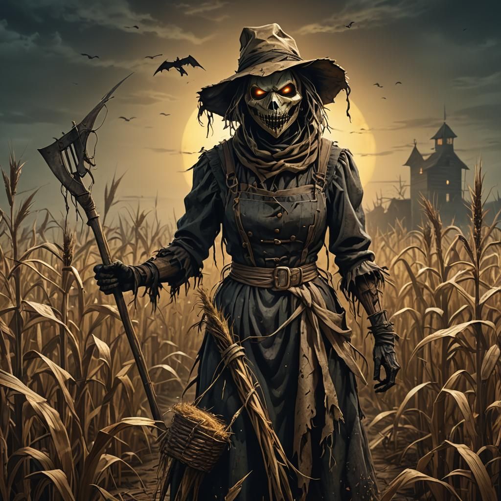Terrifying Scarecrow Lurking in Cornfield at Night