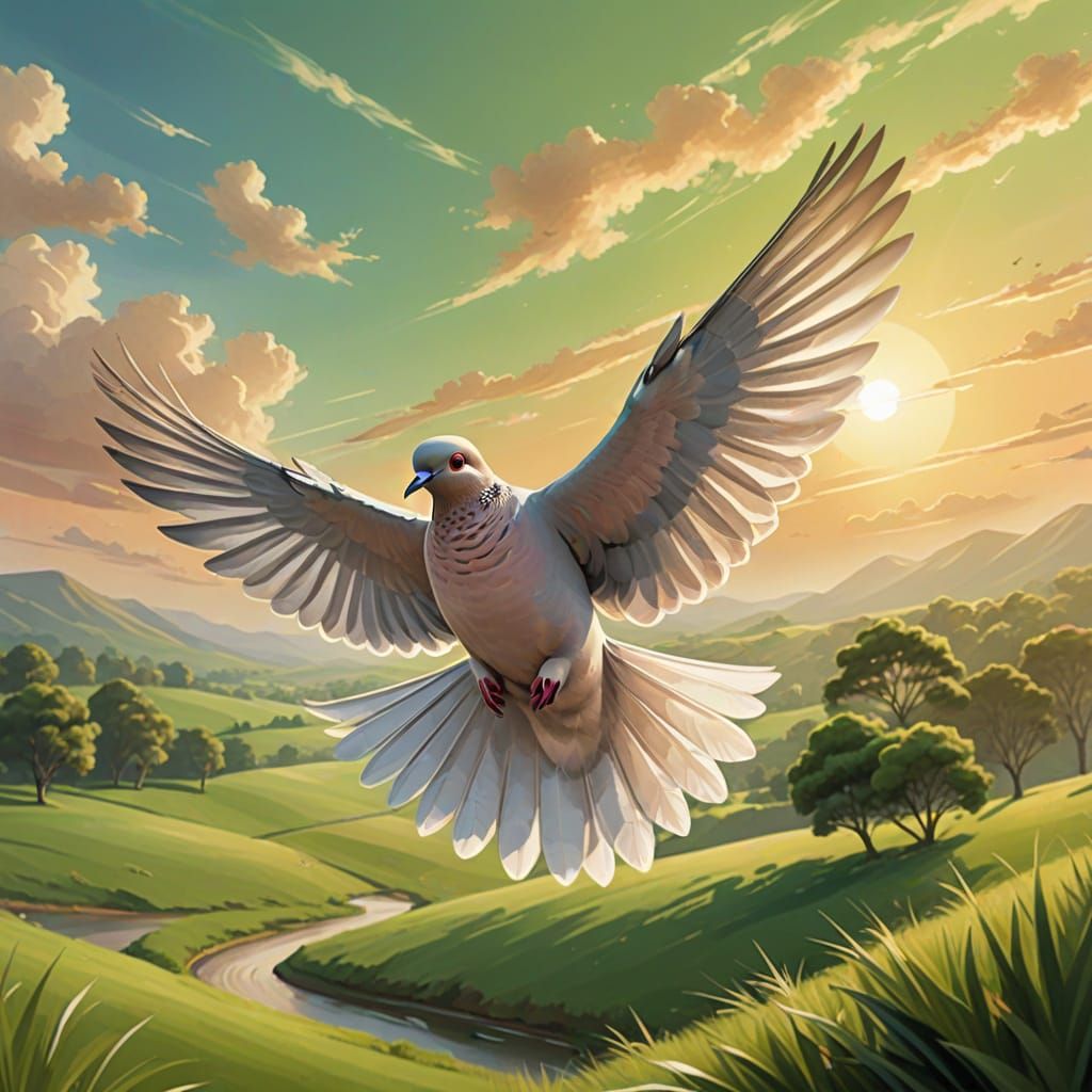 Peaceful Dove Flies Over Serene Landscape in Digital Paintin...