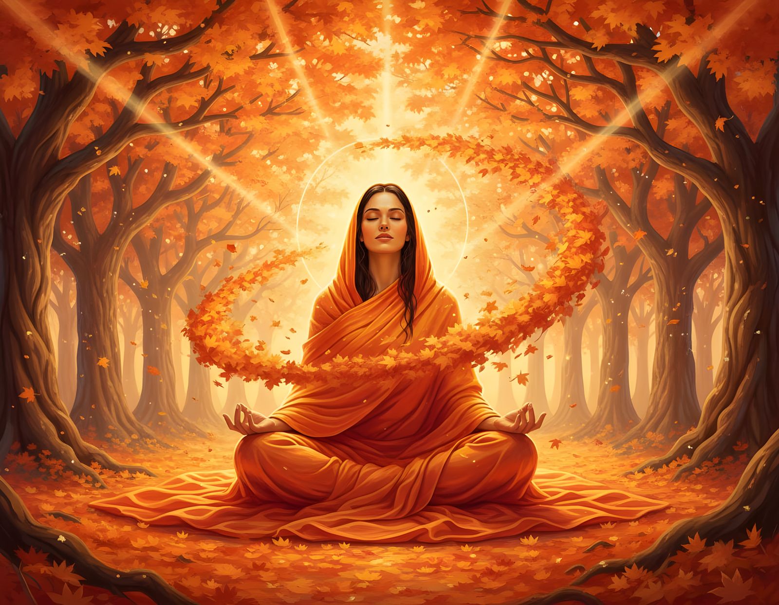 Meditating Woman in Autumnal Cyclone of Leaves