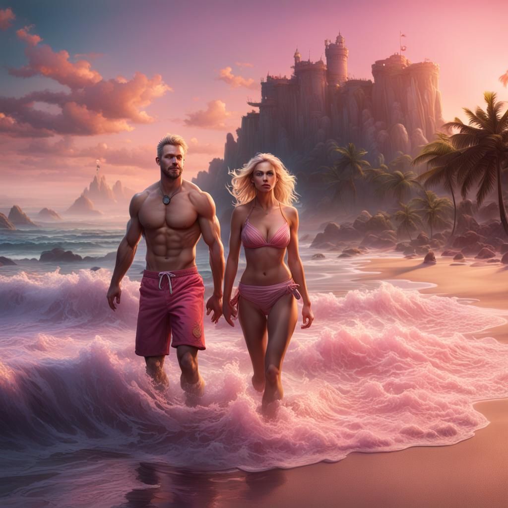 Fantasy Beach Sunset with Scaled Woman, Digital Art