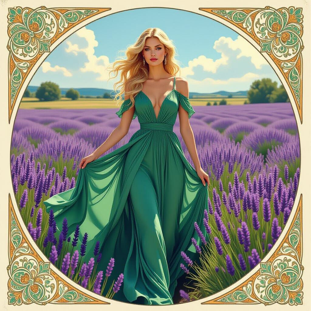 Blonde Model in Lavender Field, Art Nouveau Style