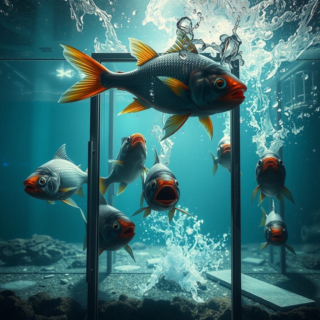 Piranhas Bursting From Fishtank Door in Hyperrealism
