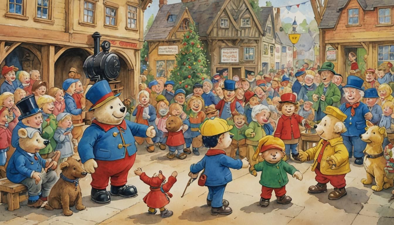 Rupert Bear and Noddy in Toyland Watercolour