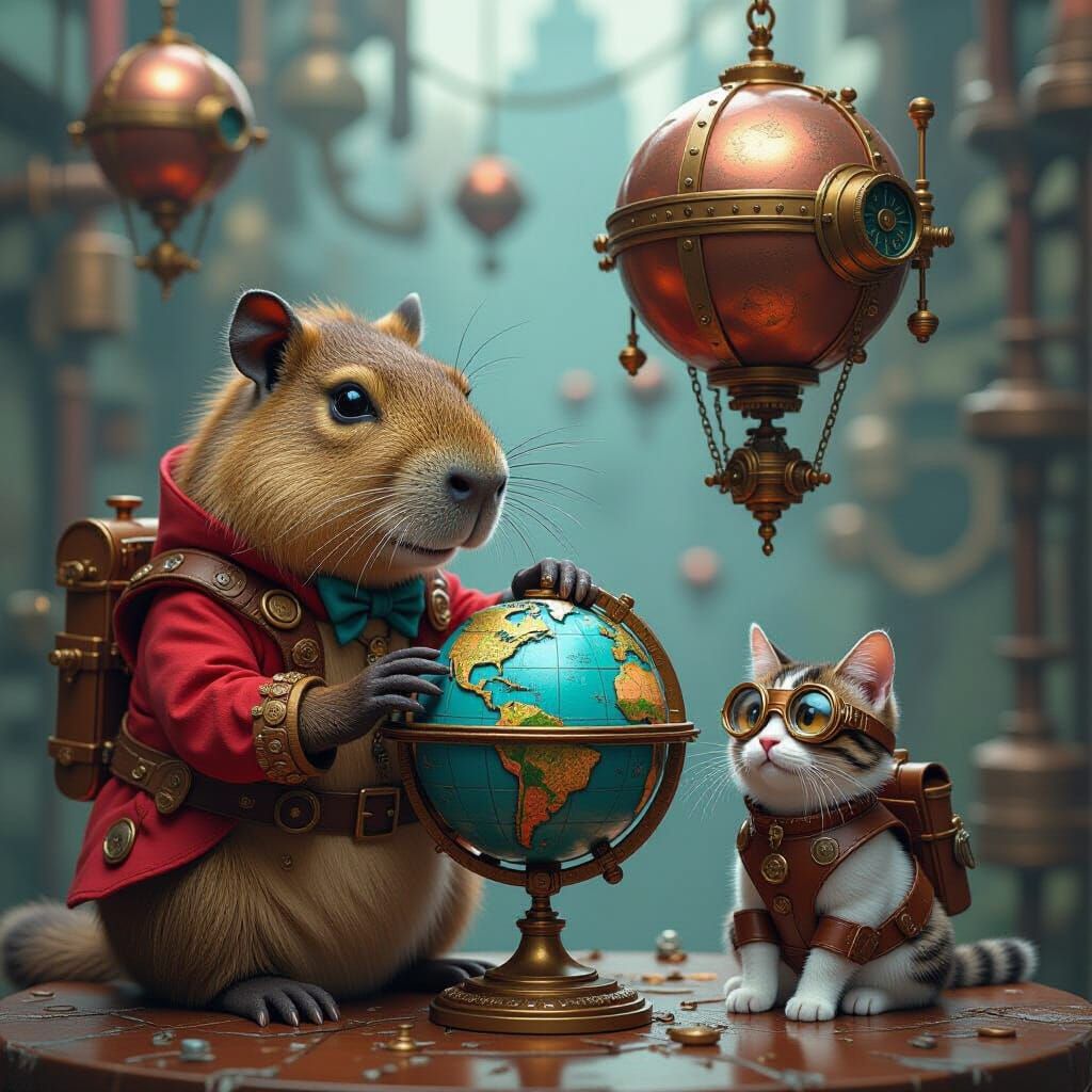 Steampunk Capybara Tinkers With Bronze Globe
