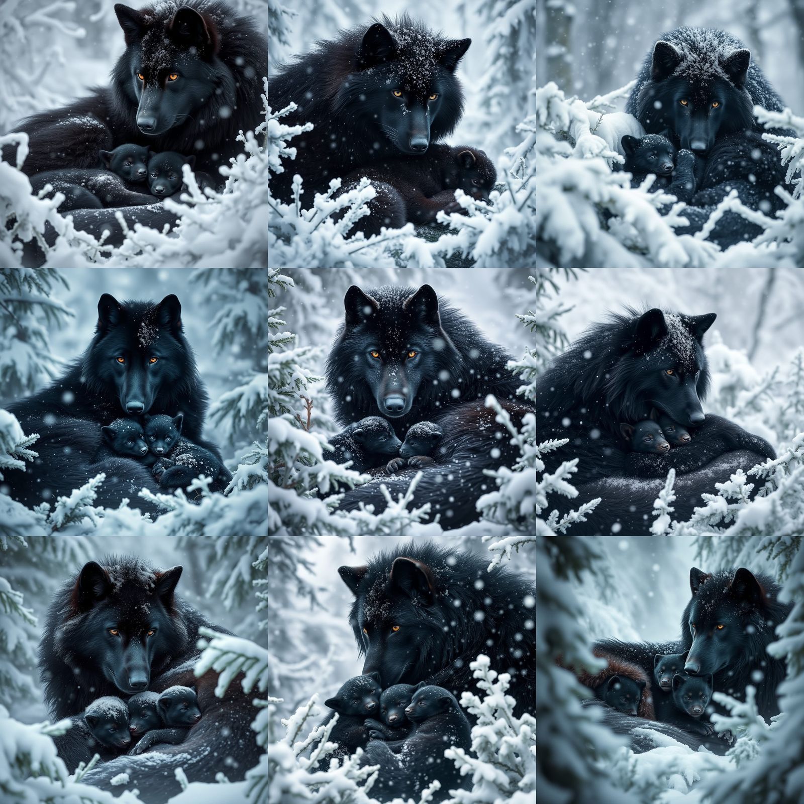 Protective Wolf Mother and Pups in Winter Snow