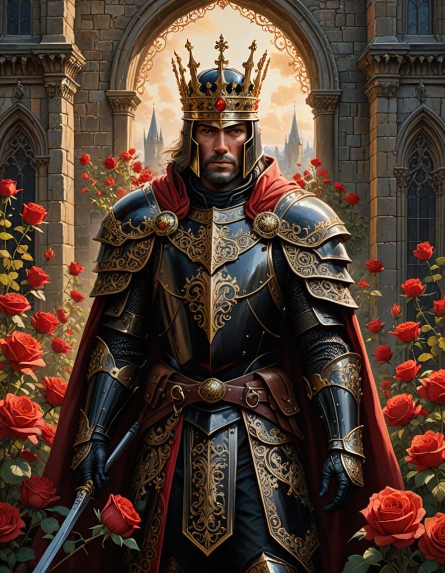 Glorious Monarch King Knight in Gothic Armor with Ornate Shi...