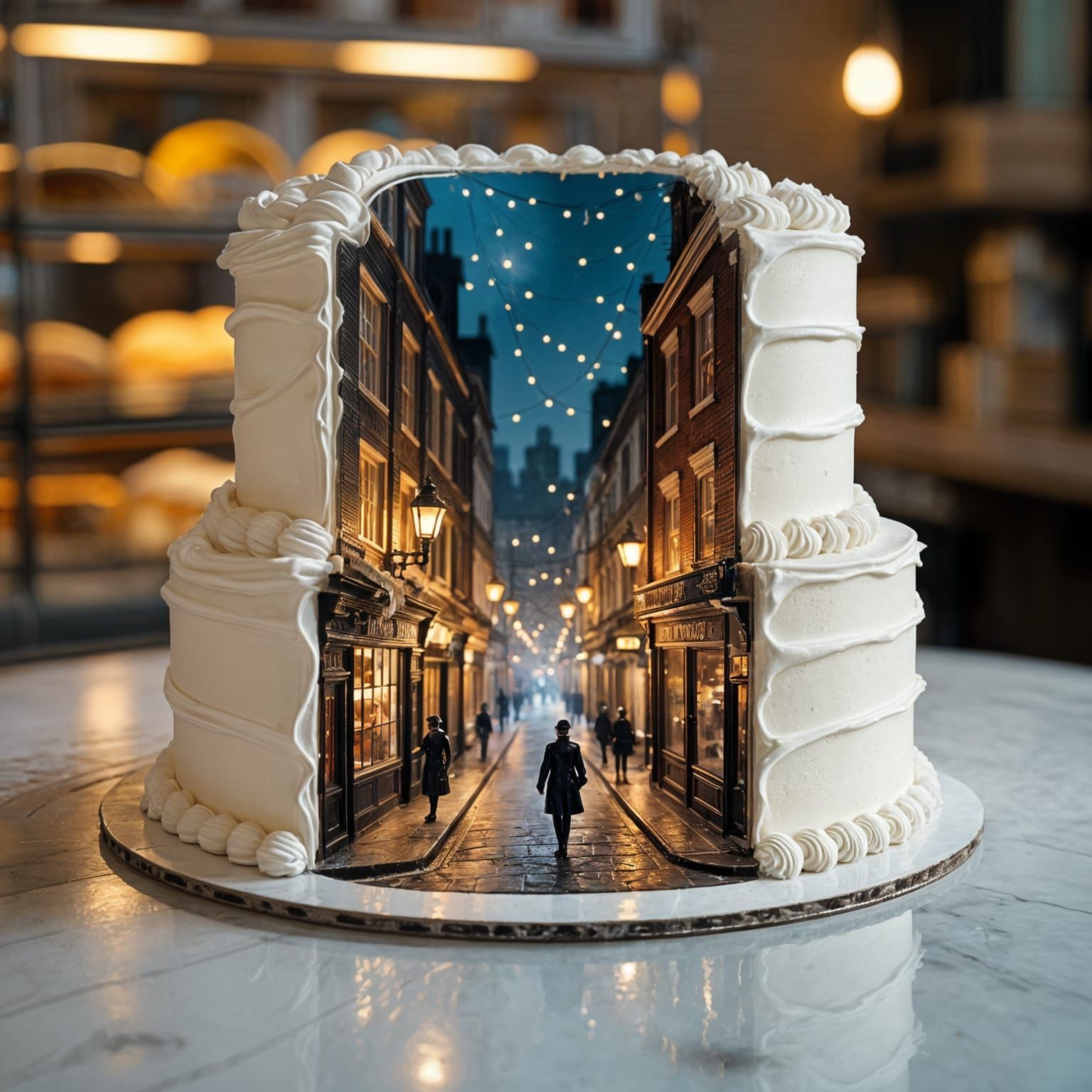 Surreal Cake Reveals Tiny 1920s London Street at Night