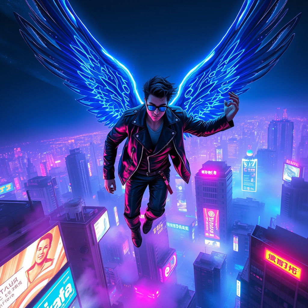 Electric Angel Flies Over Cyberpunk Cityscape