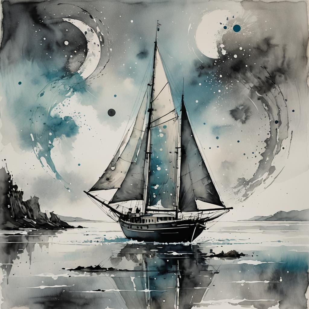 Yin Yang Yacht Drifting in Dreamy Impressionism