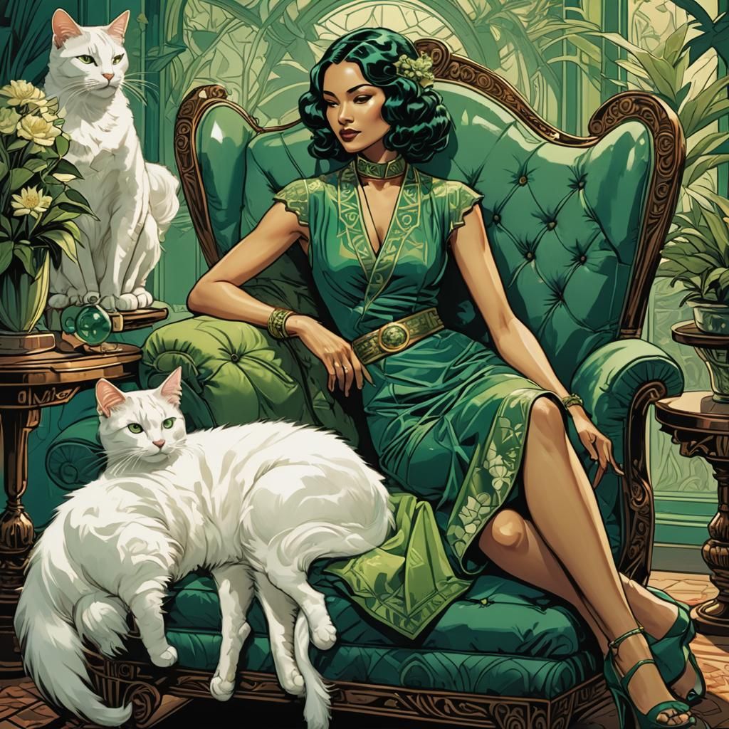 Art Deco Woman with Turkish Van Cat