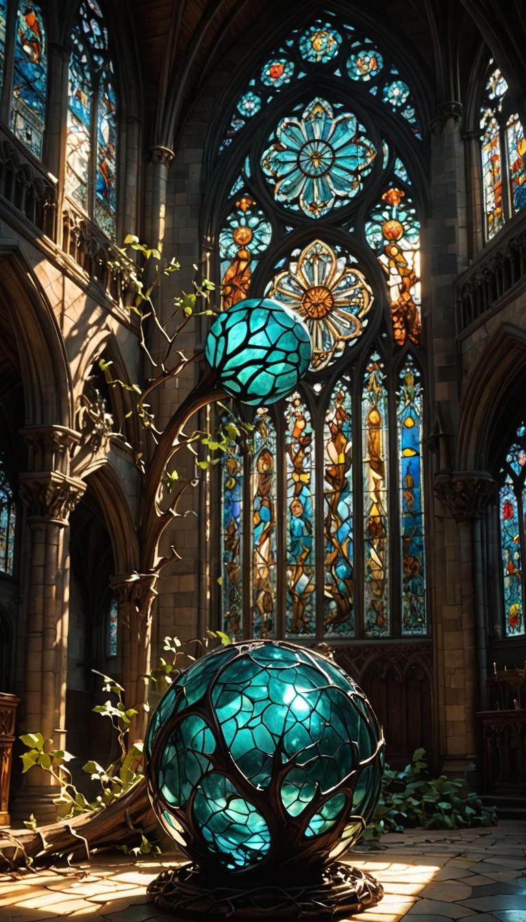Teal Orb in Gothic Cathedral with Sunbeams