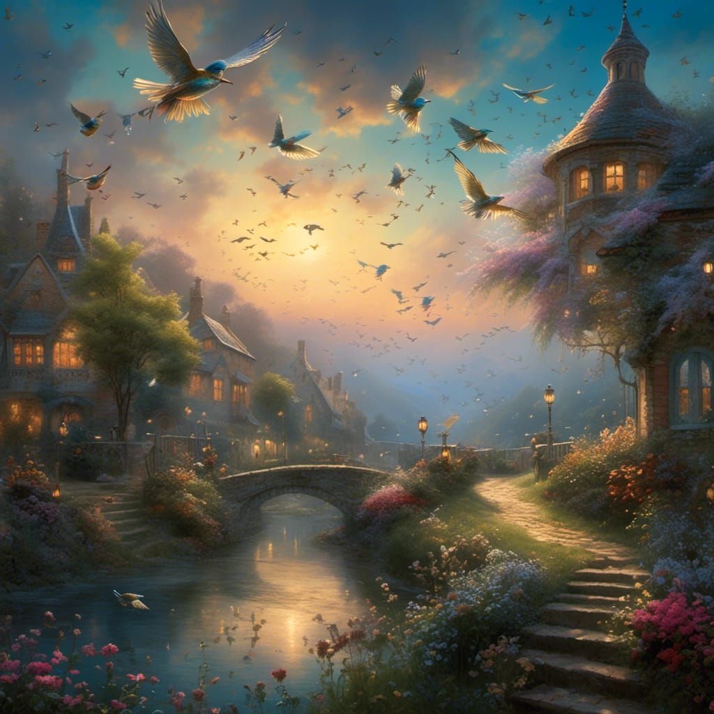 magical dawn landscape with birds flying shimmering effects ...