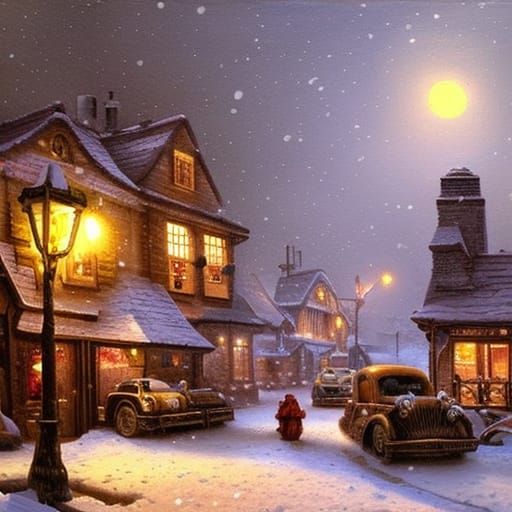 Cozy Steampunk Village in Moonlight, Oil Painting Style