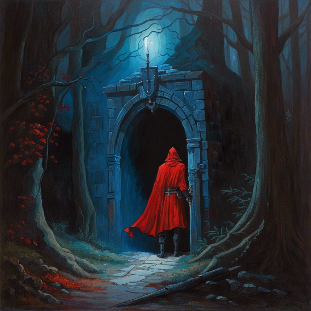 Templar Knight Enters Doorway in Misty Forest