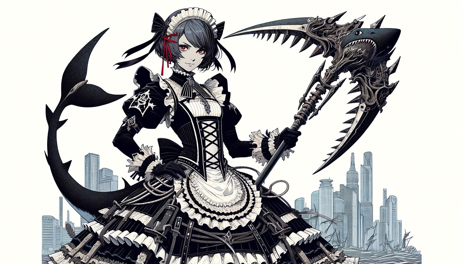 Gothic Shark Maid in Cyberpunk Cityscape