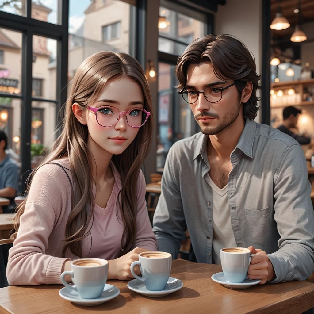 Couple at Coffee Shop in 3D Anime Style