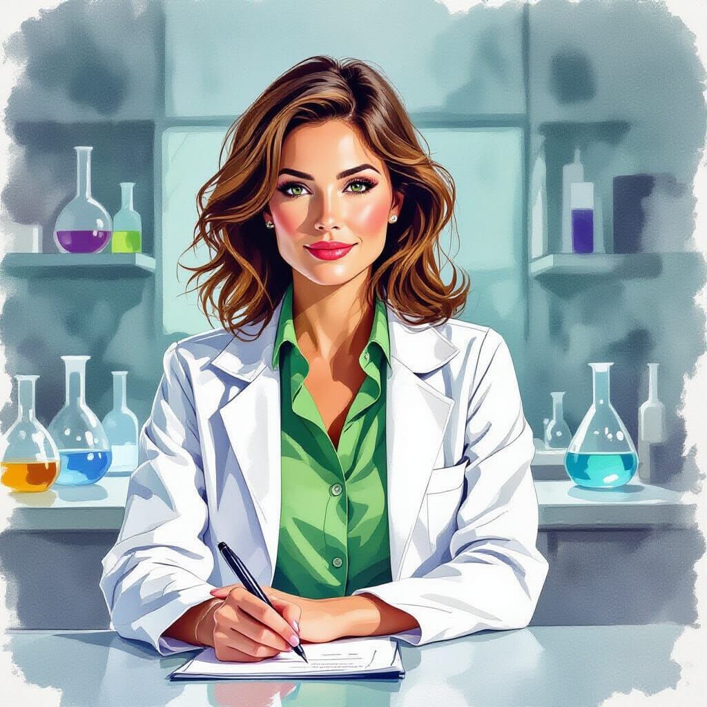 Woman in Lab Coat: Impressionistic Watercolor Illustration