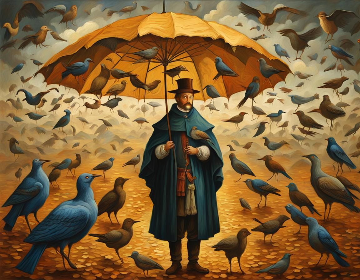 Surreal Renaissance Masterpiece: Giant Umbrella and Avian At...