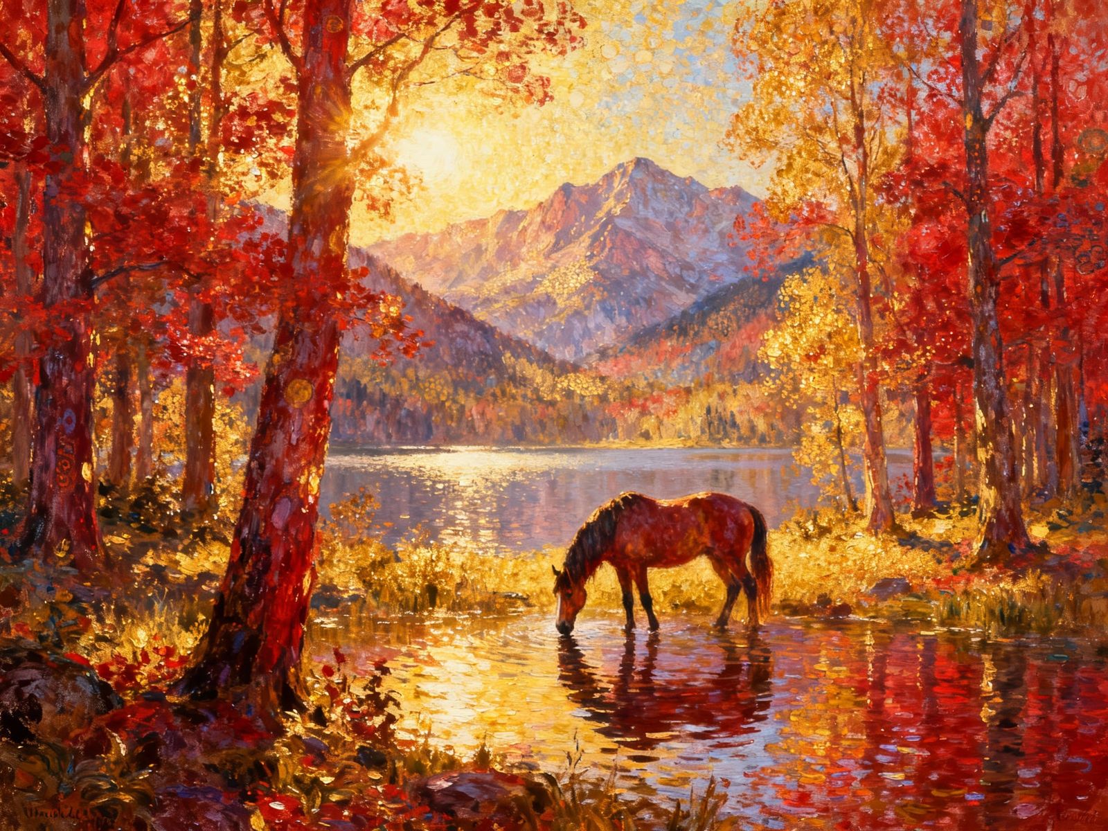 Crimson Forest Landscape with Majestic Stallion