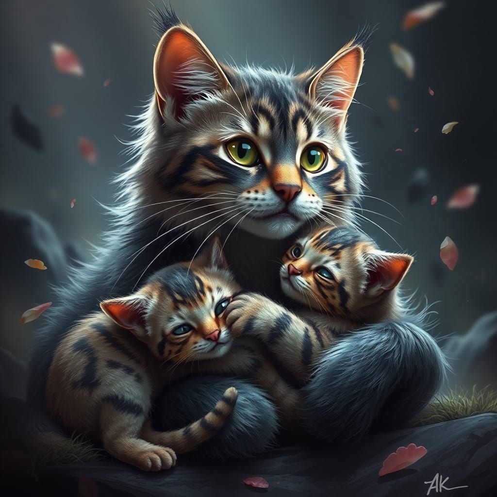 Surreal Feline Motherhood in a Vibrant Fantasy Realm