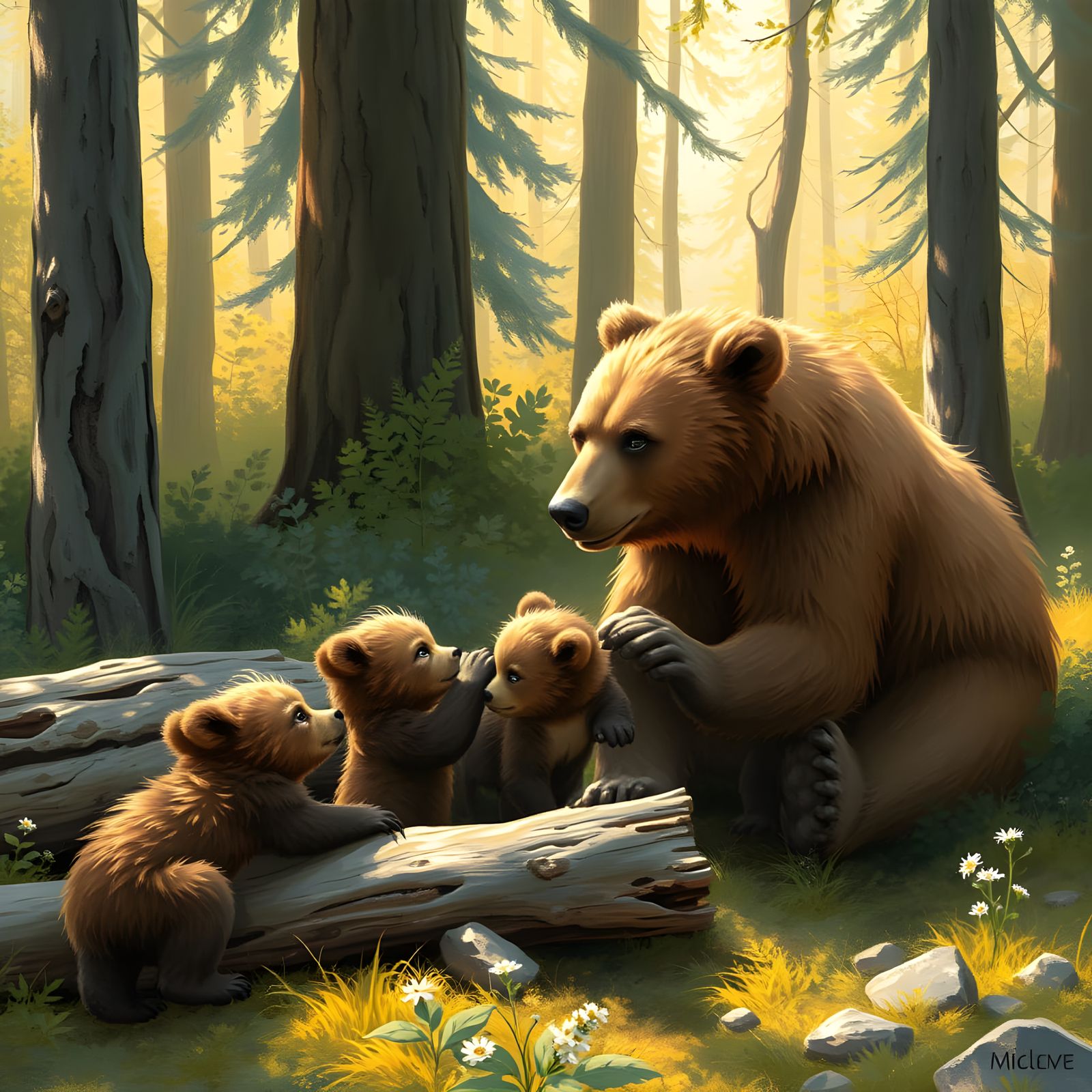 Motherly Love in a Whimsical Forest Scene