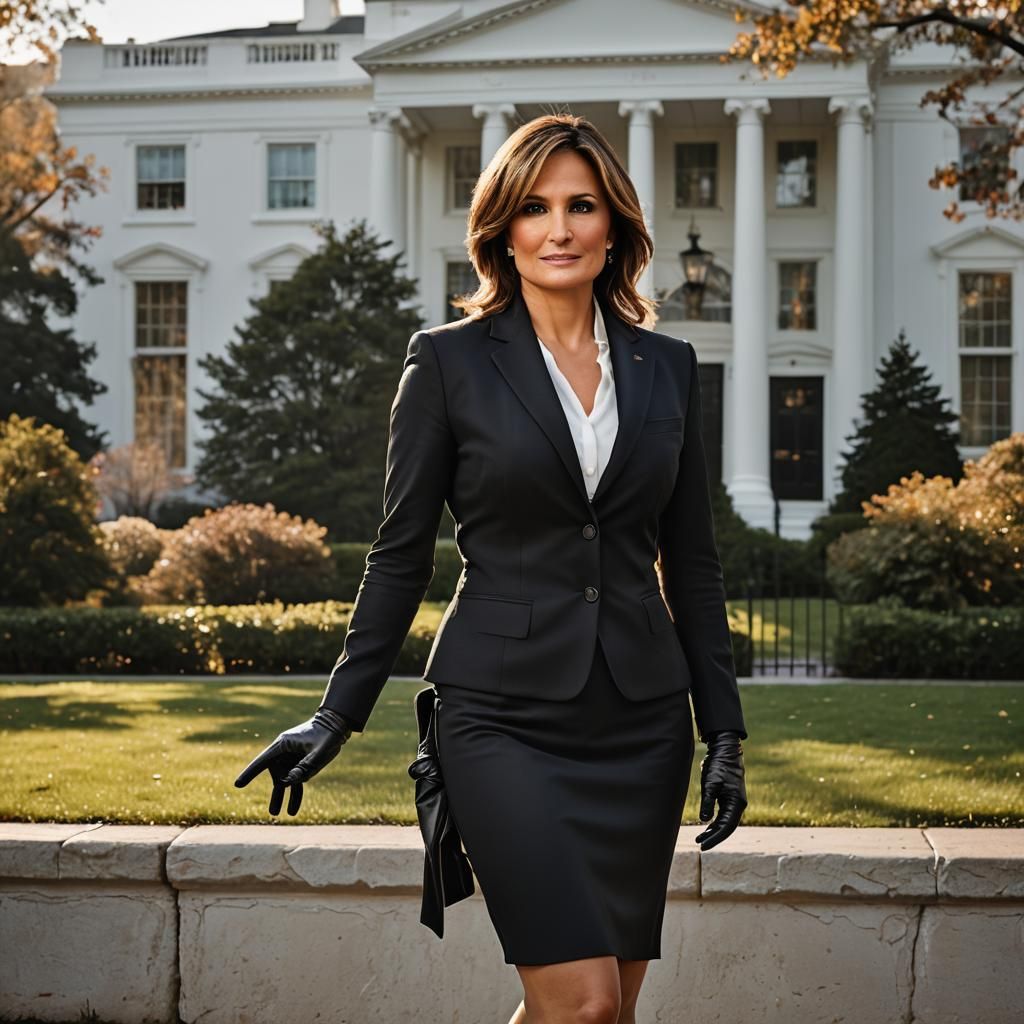 A full-body image of Mariska Hargitay, angry face, dressed in a strict black business suit, black leather gloves, strai...