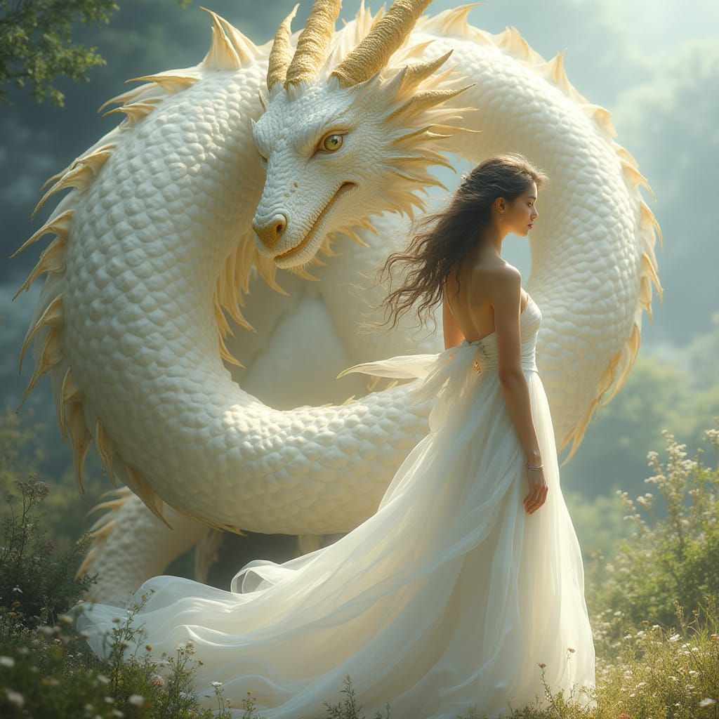 Majestic White Dragon and Elegant Female in Serene Landscape