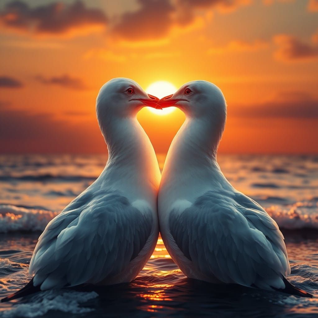 Seagulls in Tender Sunset Embrace
