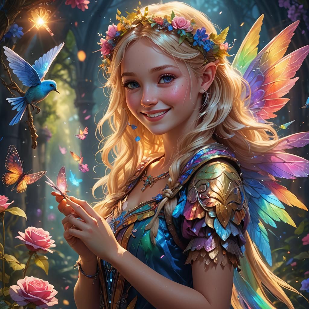 Blond Fairy with Blue Bird in Rainbow Light