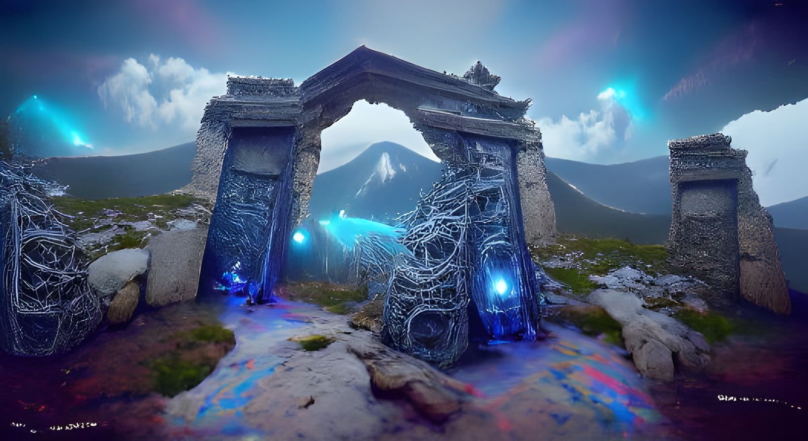 Glowing Blue Dimension Gate on Mountain Top