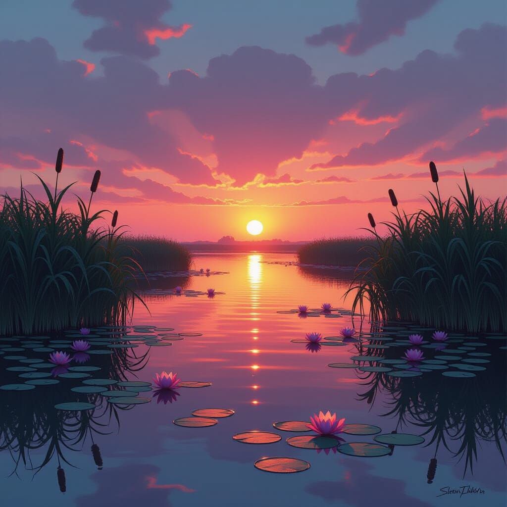Iraqi Marshlands Sunset: A Digital Dreamscape