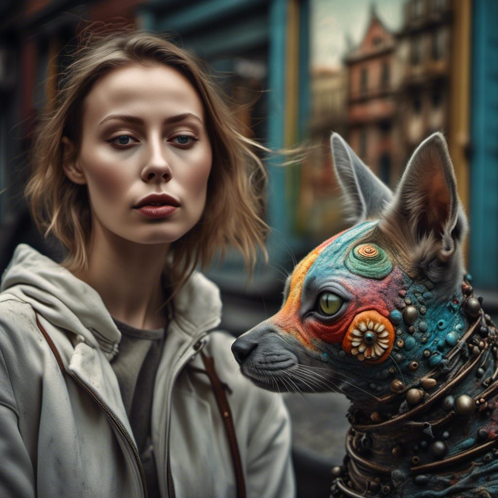 Polychromatic Abstract Cityscape with Alien Pets