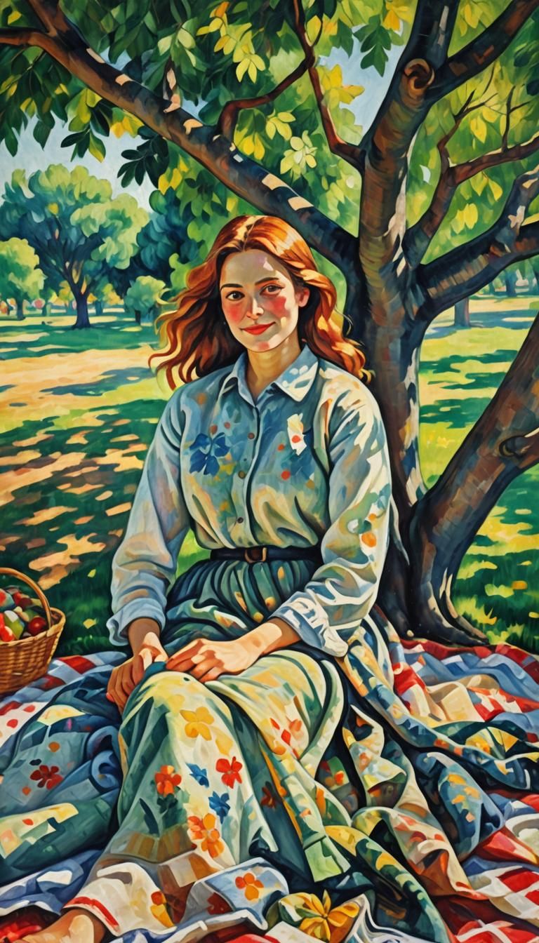 Woman Relaxing: Neo-Impressionist Oil Painting